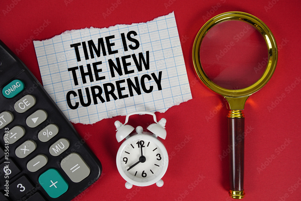 Poster time is the new currency text with alarm clock, magnifying glass anc calculator on red background