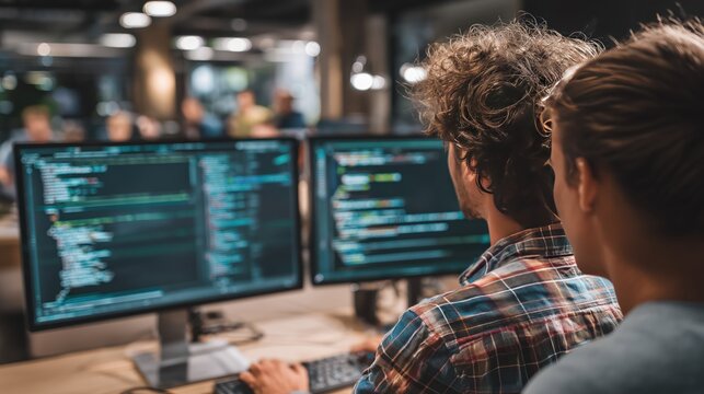 Collaborative Coding in a Modern Office Environment: Two Developers Focused on Dual Monitors Displaying Code