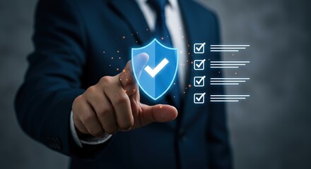Businessman s finger interacting with digital security shield and checklist interface