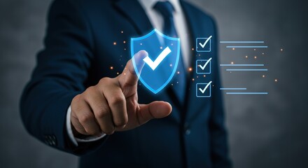 Businessman interacts with a digital shield and checklist representing security and compliance