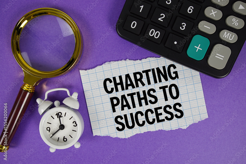 Poster charting paths to success text with alarm clock, magnifying glass anc calculator on purple backgroun