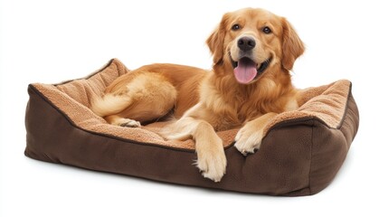 A golden retriever dog lying on a brown and tan dog bed against a white background.
