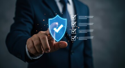 Businessman s finger touches glowing shield with checkmarks symbolizing security and compliance