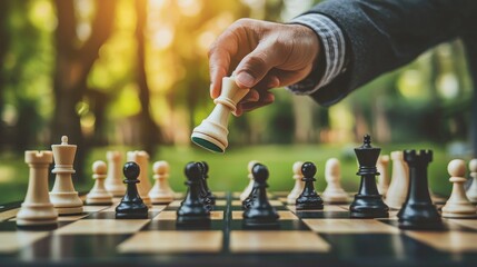 A hand holding a chess piece on a chessboard with a blurred green background.