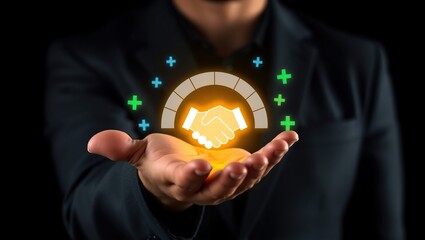 Man s outstretched hand displays glowing handshake symbol with positive indicators