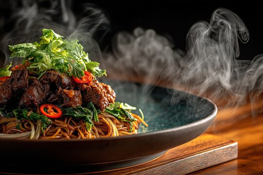 Plate of Nan Gyi Thoke, Burmese coconut chicken salad, on wooden table with steam rising. Concept of warm, inviting scene featuring Nan Gyi Thoke and vibrant colors.