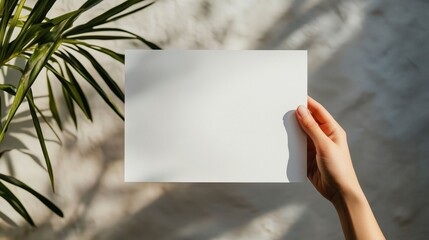 Hand holding a blank white horizontal card mockup with natural sunlight and plant shadows, ideal for presentations