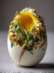A cracked egg, yolk exposed, adorned with herbs and spices