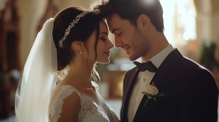 Romantic wedding portrait of a happy bride and groom on their special day