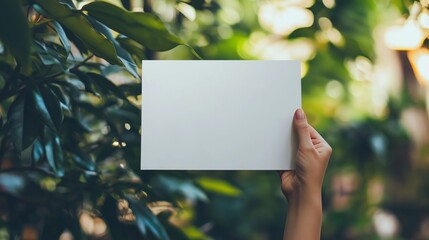 Hand holding a blank white horizontal card mockup against a lush green natural background, perfect for outdoor designs