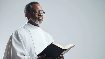 Male priest in white robes, holding a Bible, delivering a sermon.