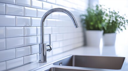 Sleek stainless steel kitchen faucet over a sink in a modern kitchen.
