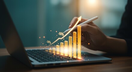 Hand using stylus to interact with glowing upward trend bar graph on laptop