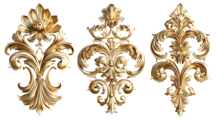 Ornate gold embellishments decorative elements baroque style design collection on transparent background