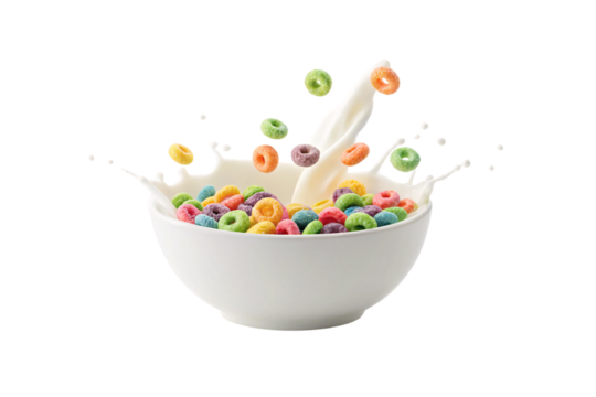 Vibrant fruit loops cereal creating crown splash in white bowl with milk and floating pieces, isolated on a transparent background