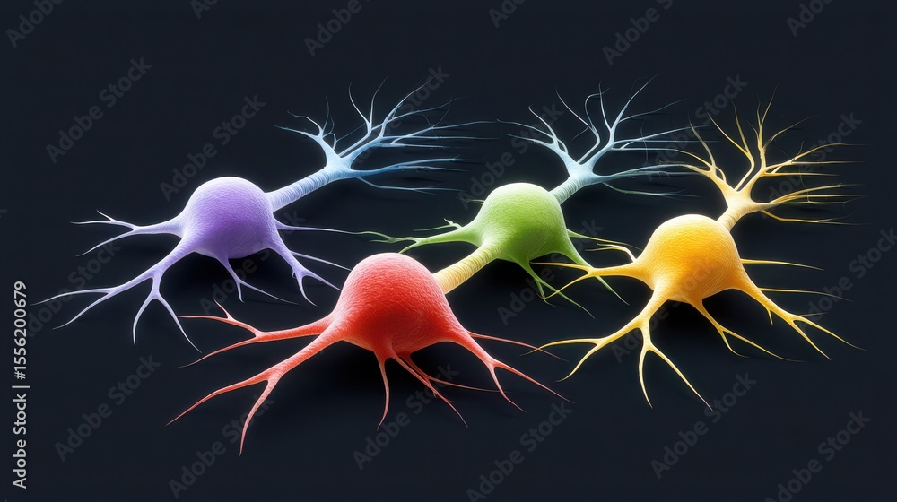 Poster pathology of stroke, colorful neurons depicted with intricate branching, showcasing the complexity o