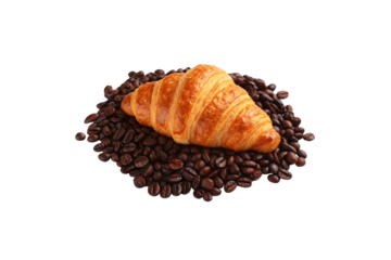 Elegant croissant placed on bed of freshly roasted coffee beans showcasing continental breakfast luxury, isolated on a transparent background