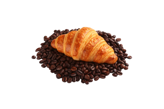 Elegant croissant placed on bed of freshly roasted coffee beans showcasing continental breakfast luxury, isolated on a transparent background