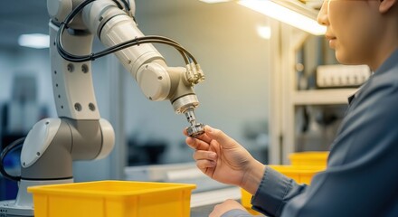 A robotic arm and human worker collaborate in a modern factory setting