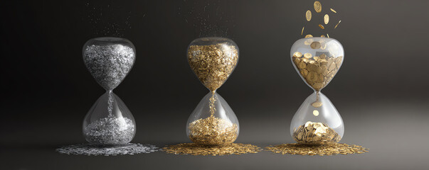 Image showcases three hourglasses filled with different types of coins representing