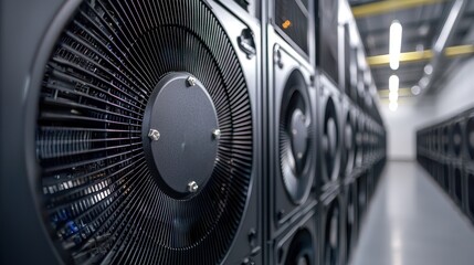 Fototapeta premium A large, industrial data center with rows of servers and cooling equipment.