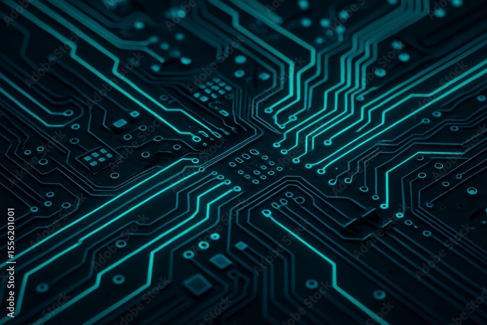 Poster a close up view of a teal and black circuit board pattern design