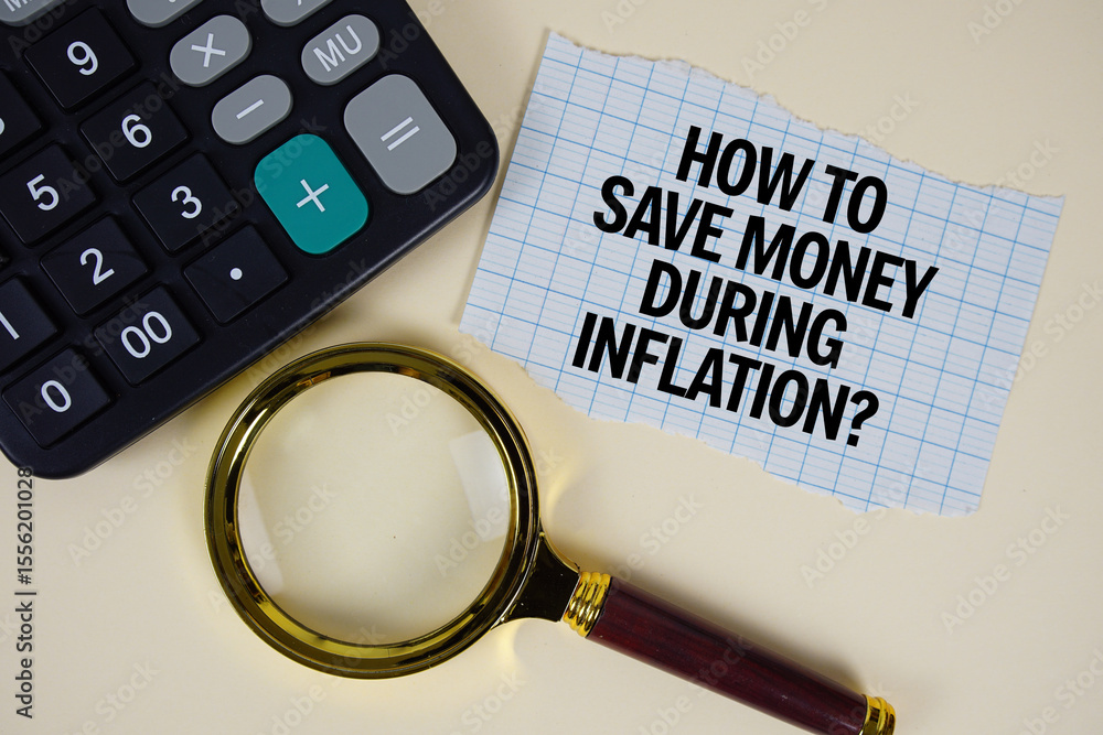 Poster how to save money during inflation text with magnifying glass anc calculator on yellow background