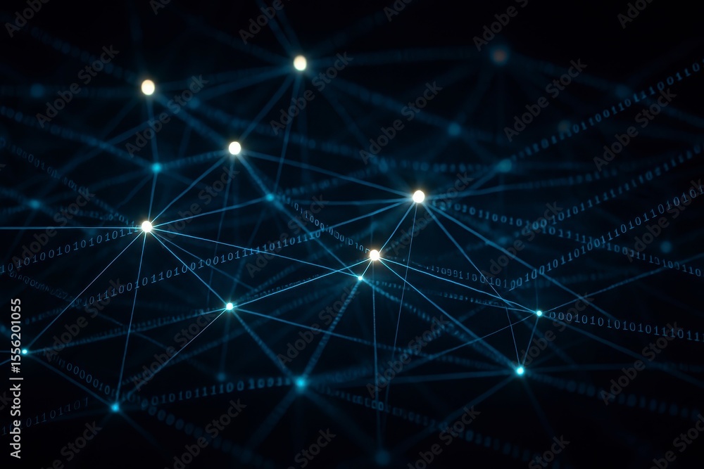 Poster network of glowing nodes connected by lines in a dark blue background