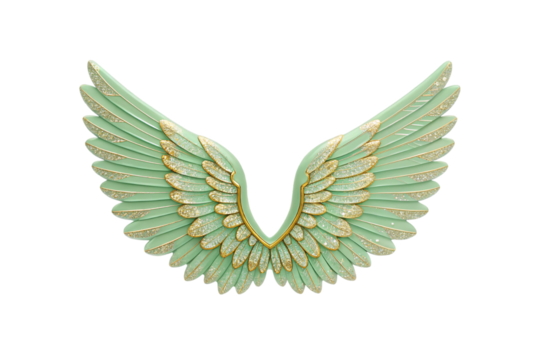 Stylized mint green wings with sparkly gold highlights arranged in connected wing formation, isolated on a transparent background