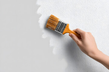 A person paints a textured white wall with gray paint using a brush for home decoration