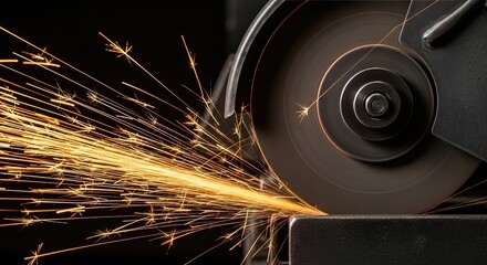 Closeup view of a spinning grinding wheel creating sparks