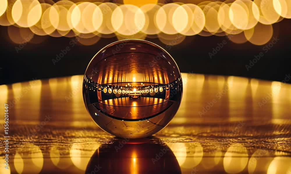 Poster golden sphere with reflected light and bokeh on a reflective surface