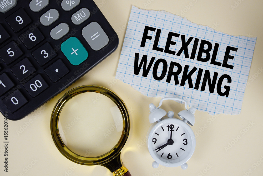 Poster flexible working text with alarm clock, magnifying glass anc calculator on yellow background