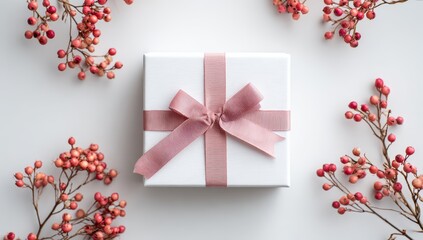Gift box with pink ribbon, surrounded by berries