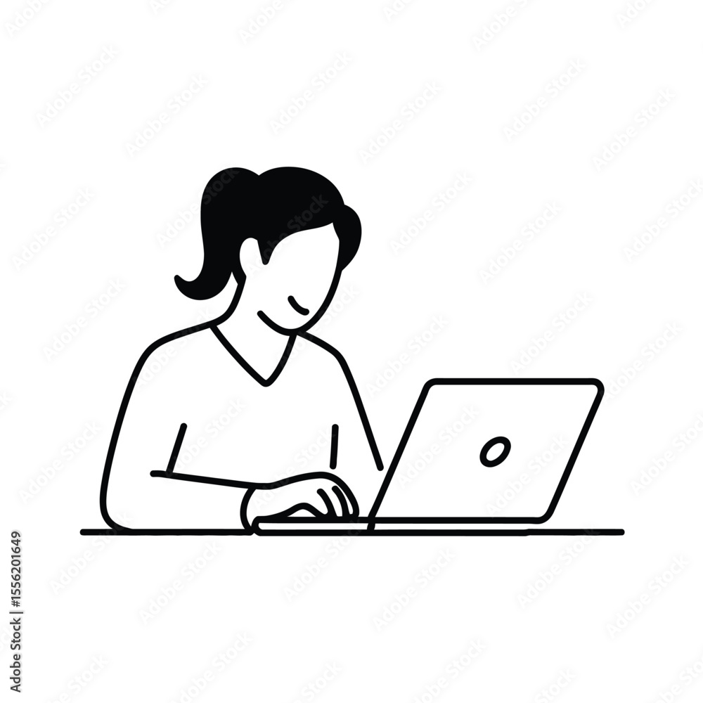Poster woman with ponytail working on a laptop computer in a simple line art style