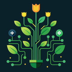 A fusion of nature and tech vines growing through circuit boards, glowing flowers shaped like microchips, in a minimal green-and-gold palette.eps © zihad