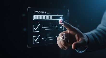 Hand interacting with a futuristic progress bar and checklist on a digital interface