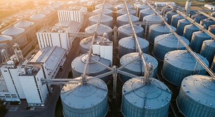 Aerial view of a large grain silo complex at sunset