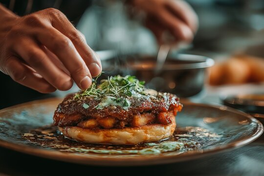 Plate of pambazos, Mexican sandwich, garnished with green herbs, on dark wooden table. Concept of cozy atmosphere featuring pambazos in warm lighting.