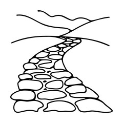 Black one line art of a stone path winding through hills