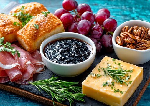 Gourmet charcuterie board with assorted cheeses, meats, fruits, and nuts