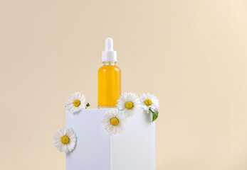 bottle with an essential oil pipette on a white podium and daisy flowers on a beige background