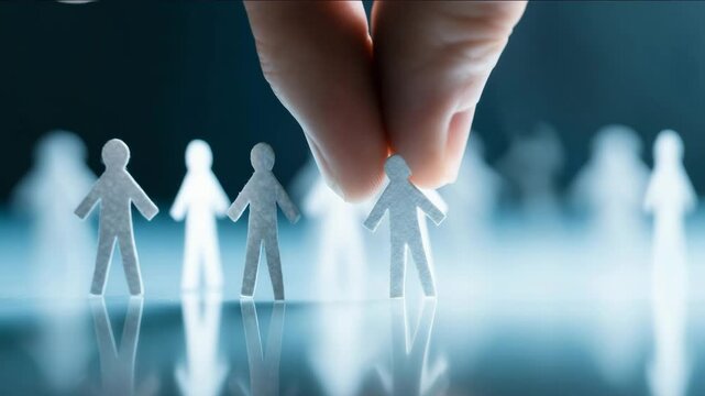 Hand picking talent among paper cutout people representing a group of candidates. A hiring manager selects the perfect fit.