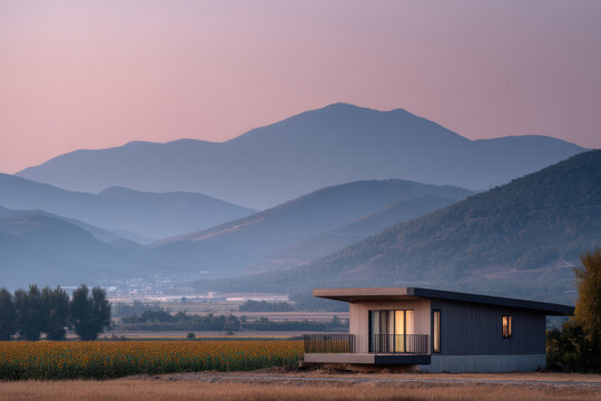 serene eco hotel made of modern capsule houses bathed in warm glow of evening sun