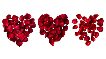 Three red hearts made of rose petals for valentine's day love and romance concept on transparent background