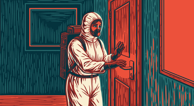 Woman with mysophobia wearing full hazmat gear and hesitating to touch a glowing door handle  