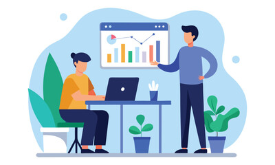Two colleagues collaborate in an office setting one working on a laptop while the other presents a business graph on a screen symbolizing teamwork and data analysis
