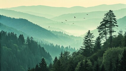 Fototapeta premium Misty mountain range with layers of evergreen trees and birds flying in the sky
