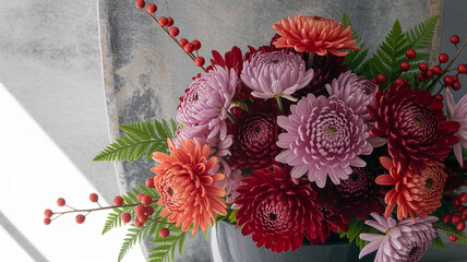Red and white flowers bloom beautifully in a charming bouquet on a rustic wooden background