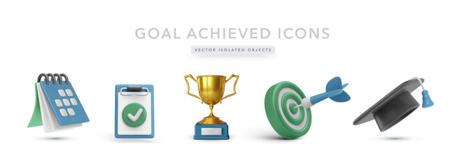 Achievement Icons Featuring Trophy, Target, Calendar, Graduation Cap, and Clipboard in Modern 3D Style. Ideal for Success and Goal Concepts in Education or Business. Vector Illustration.